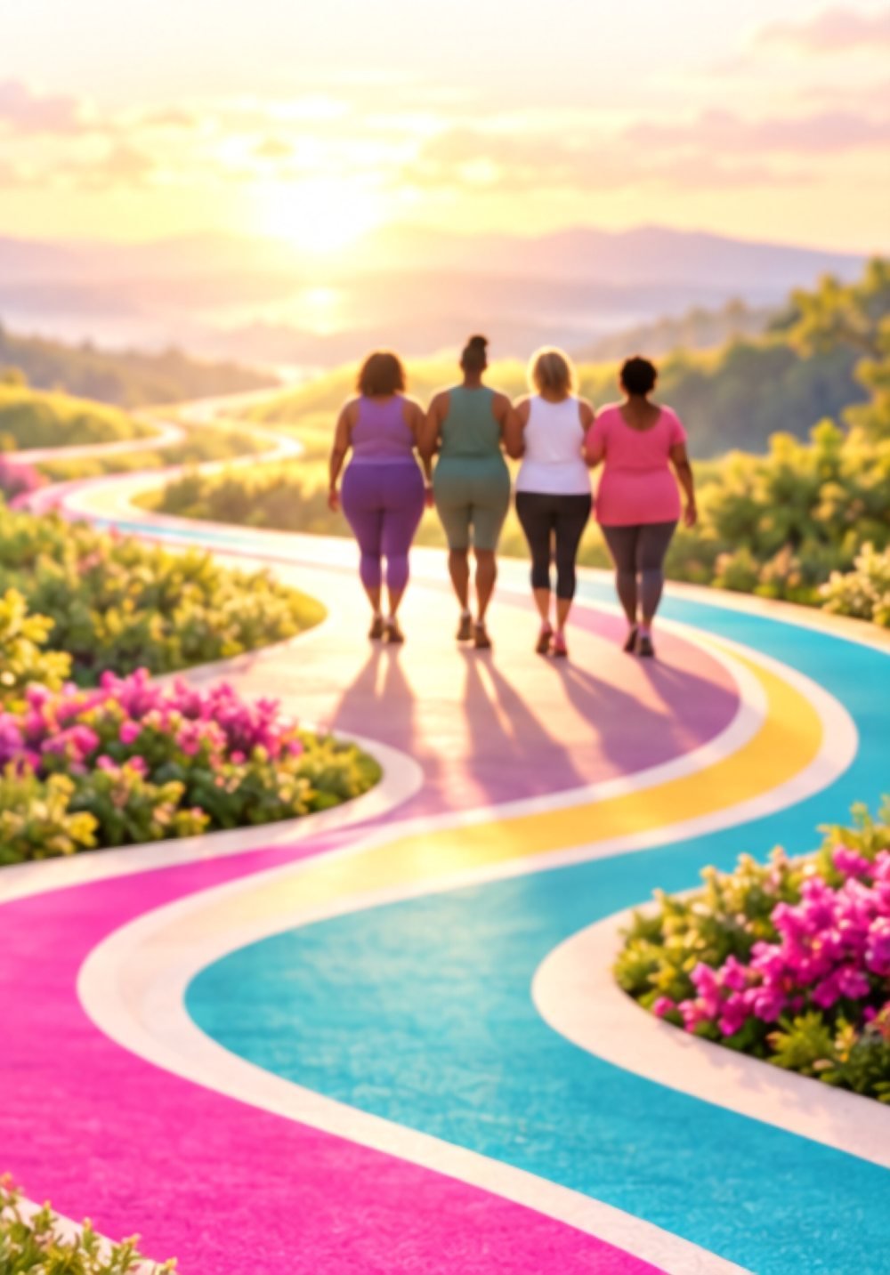 Four women walking together down a colorful path at sunrise