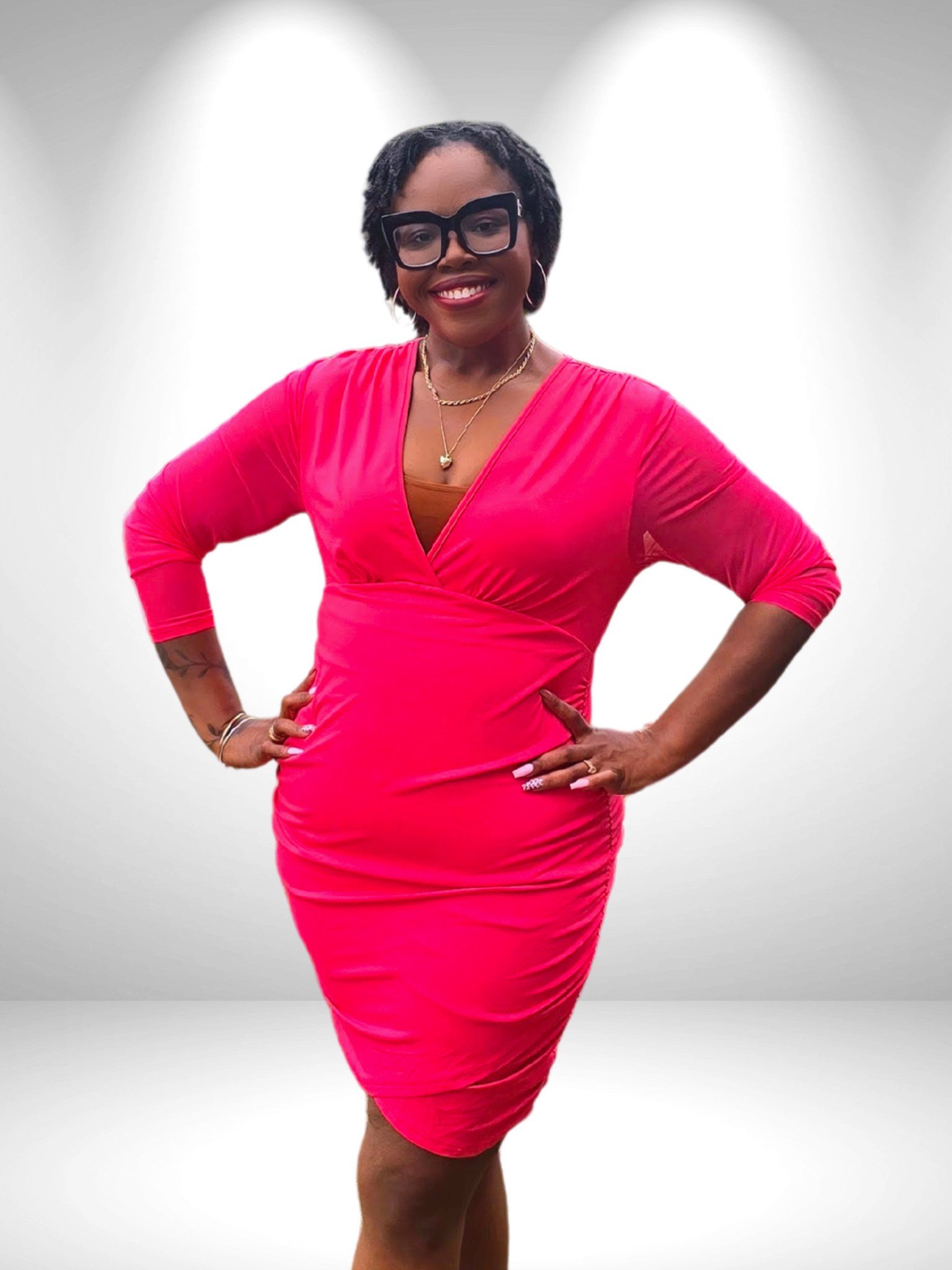 Jatoyia Armour, three-quarter length, pink dress